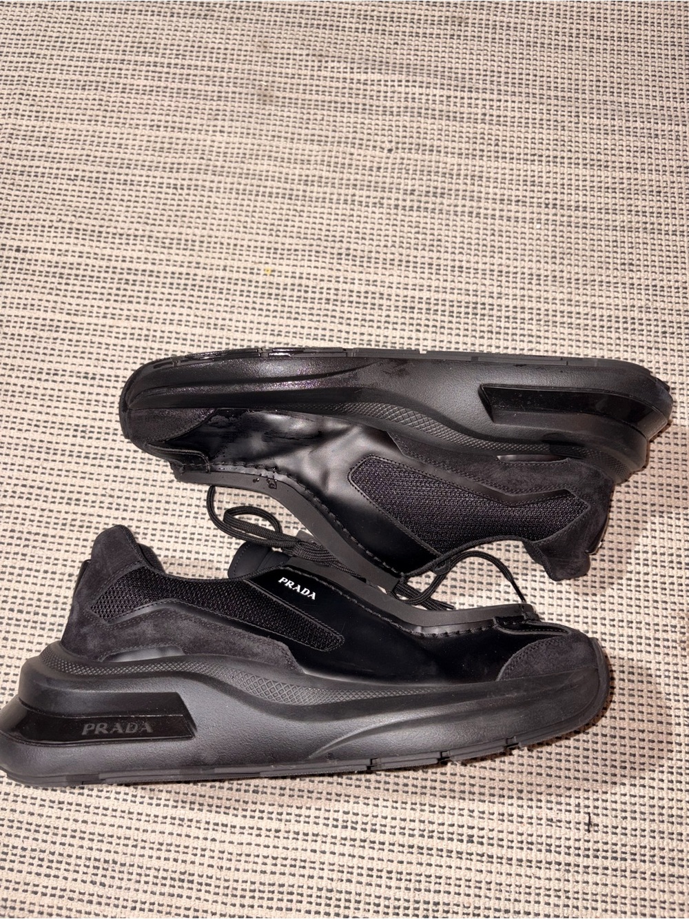 PRADA Men's Systeme Brushed Leather Sneaker Size 9 In Black - Picture 3 of 10